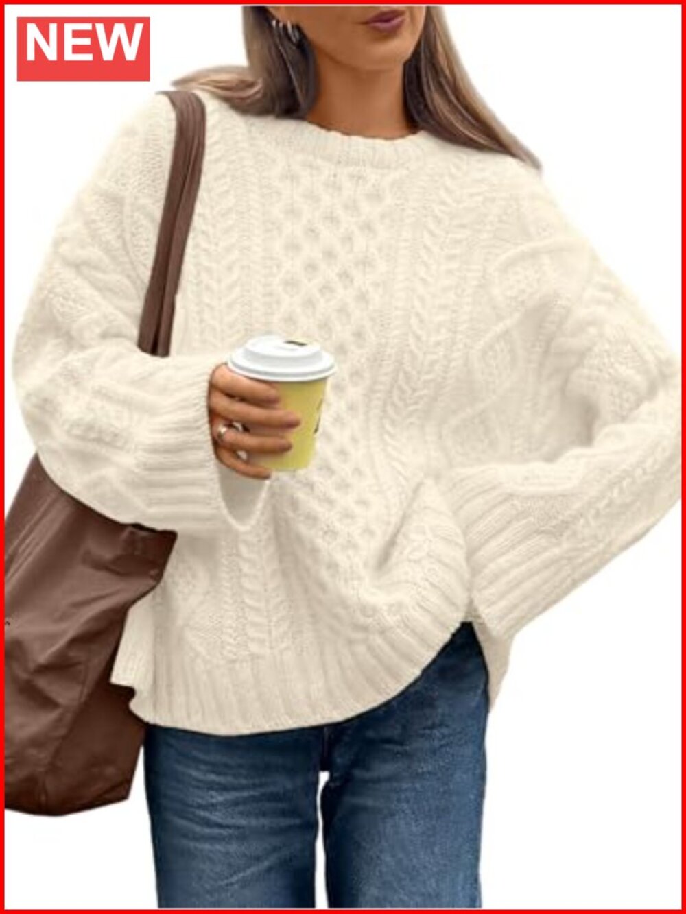 Oversized Cable Knit Crewneck Pullover Sweater Long Sleeve Fall Winter